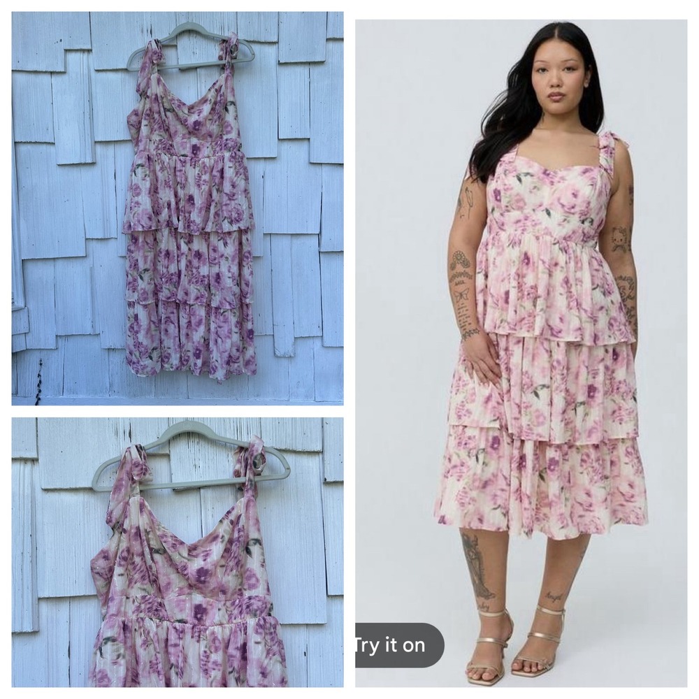 Torrid Sweetheart Tiered Midi Dress Flashed Roses Floral Cream Pink Size 4 Plus